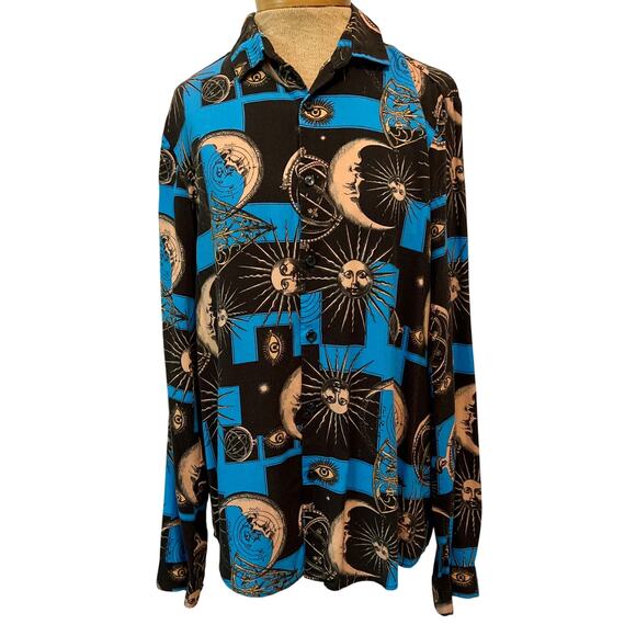 Celestial Moon Sun Stars planetary button front shirt witchy gothic unisex med. - Picture 1 of 10